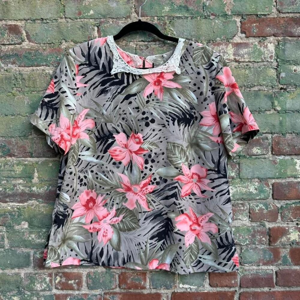 Vintage 90s Blouse Women's Size Large K.C. Studio Collared Lace Floral‎ Tropical